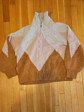 Women's Colorblock Zip-Up Crew Sweater in Cream, Pink & Brown